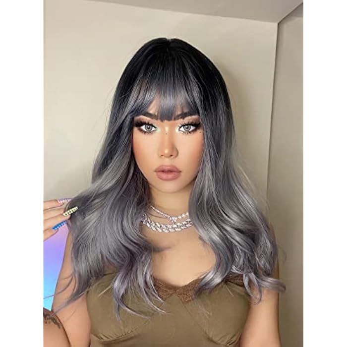 DILLARDS Long Wavy Synthetic Wig, 24 Inch Black Ombre Gray Wigs For Women, Wig With Bangs Natural Looking Heat Resistant Hair For Party Daily Use - Image 1